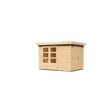 Holzschrank mit Doppeltür und angebauter Geräteschuppen