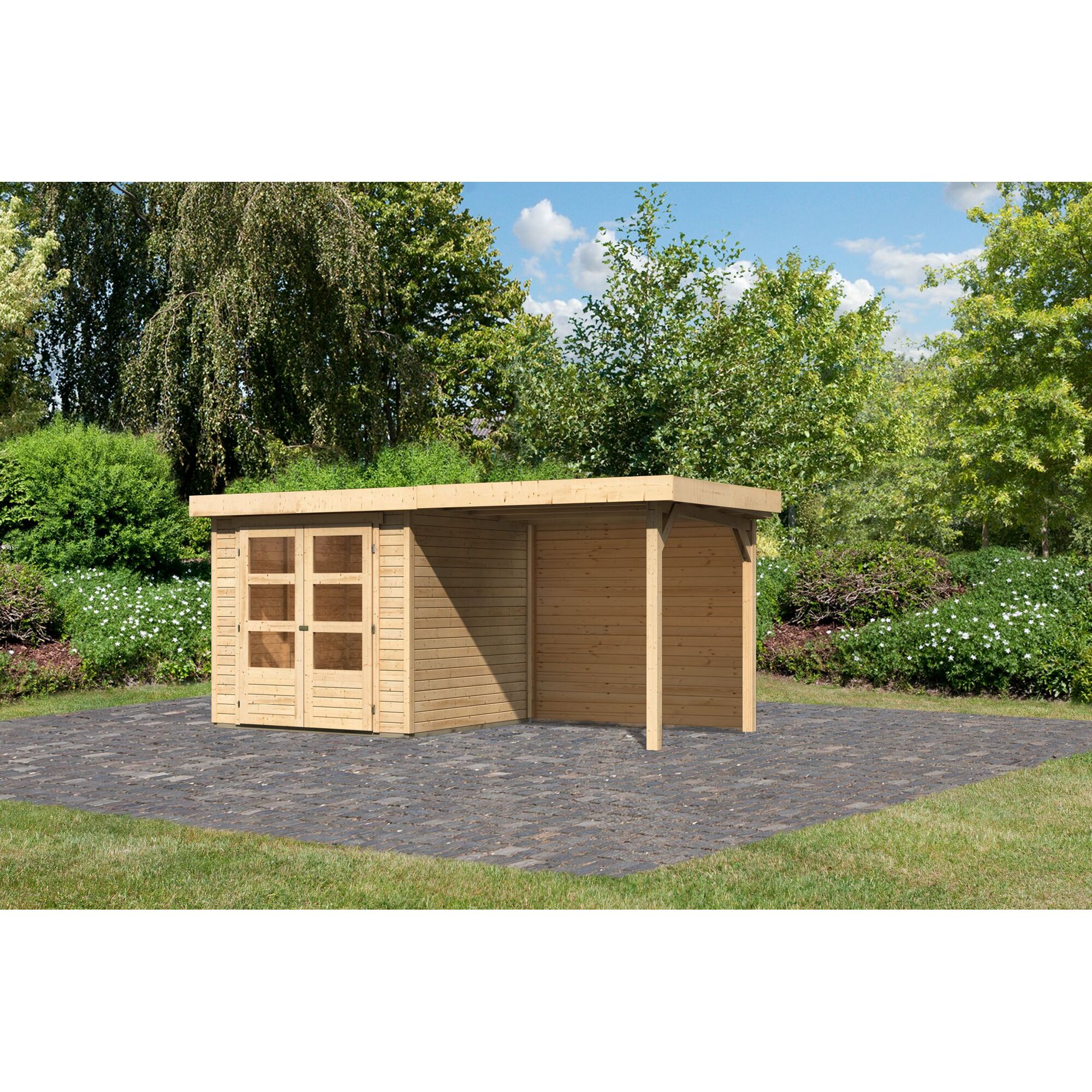 Gartenhaus aus Holz mit überdachtem Anbau und begrüntem Dach