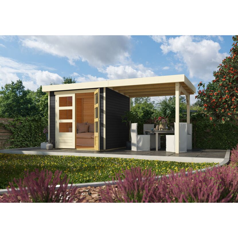 Gartenhaus mit angebautem Dach und Terasse