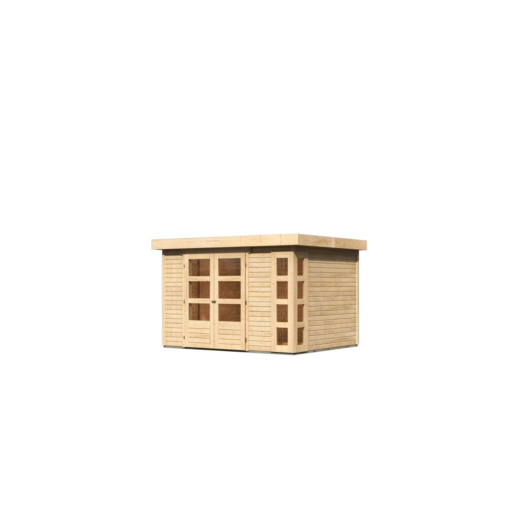 Gartenhaus aus hellem Holz mit Fenstern und Türen.