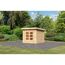Kleines Gartenhaus aus Holz mit Doppeltür und Fenstern.