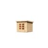 Kleines Gartenhaus aus Holz mit Doppeltür und Fenstern.