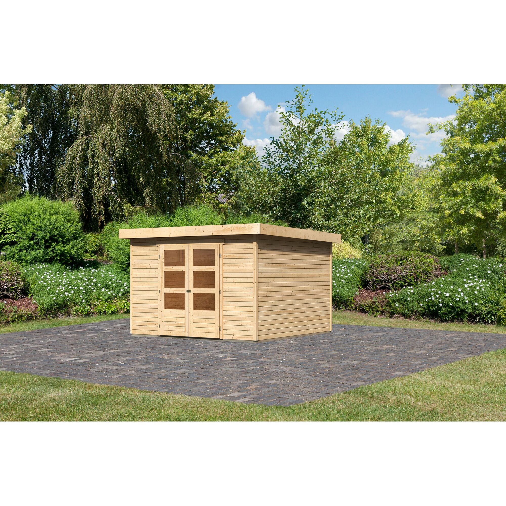 Kleines Gartenhaus aus Holz mit Doppeltür und Fenstern.