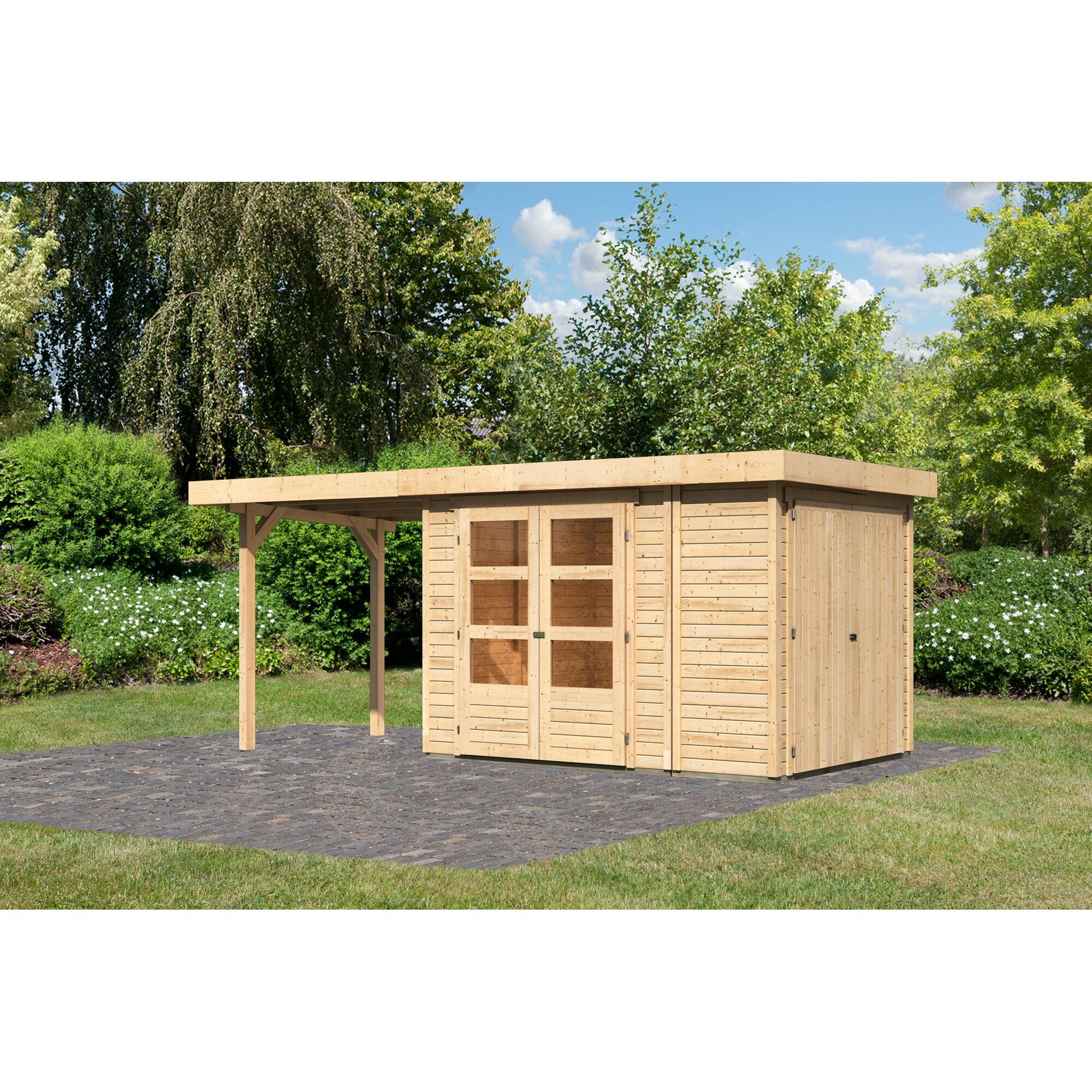 Gartenhaus aus Holz mit überdachtem Anbau