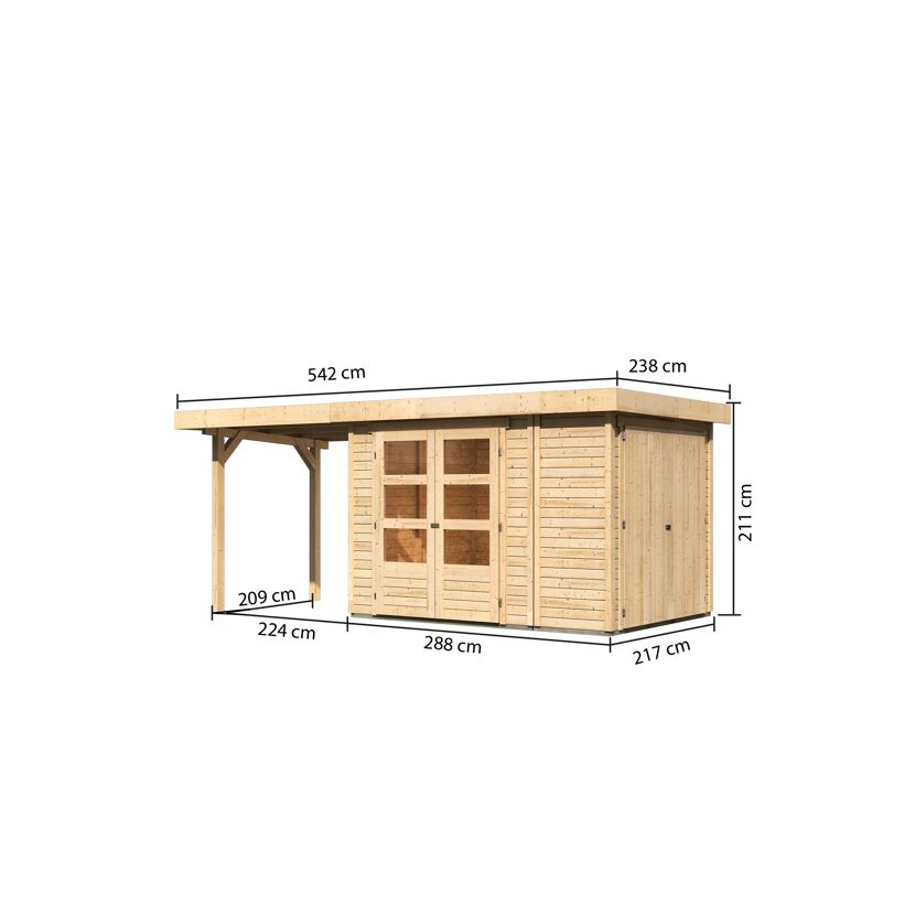Gartenhaus aus Holz mit Vordach und Maßen