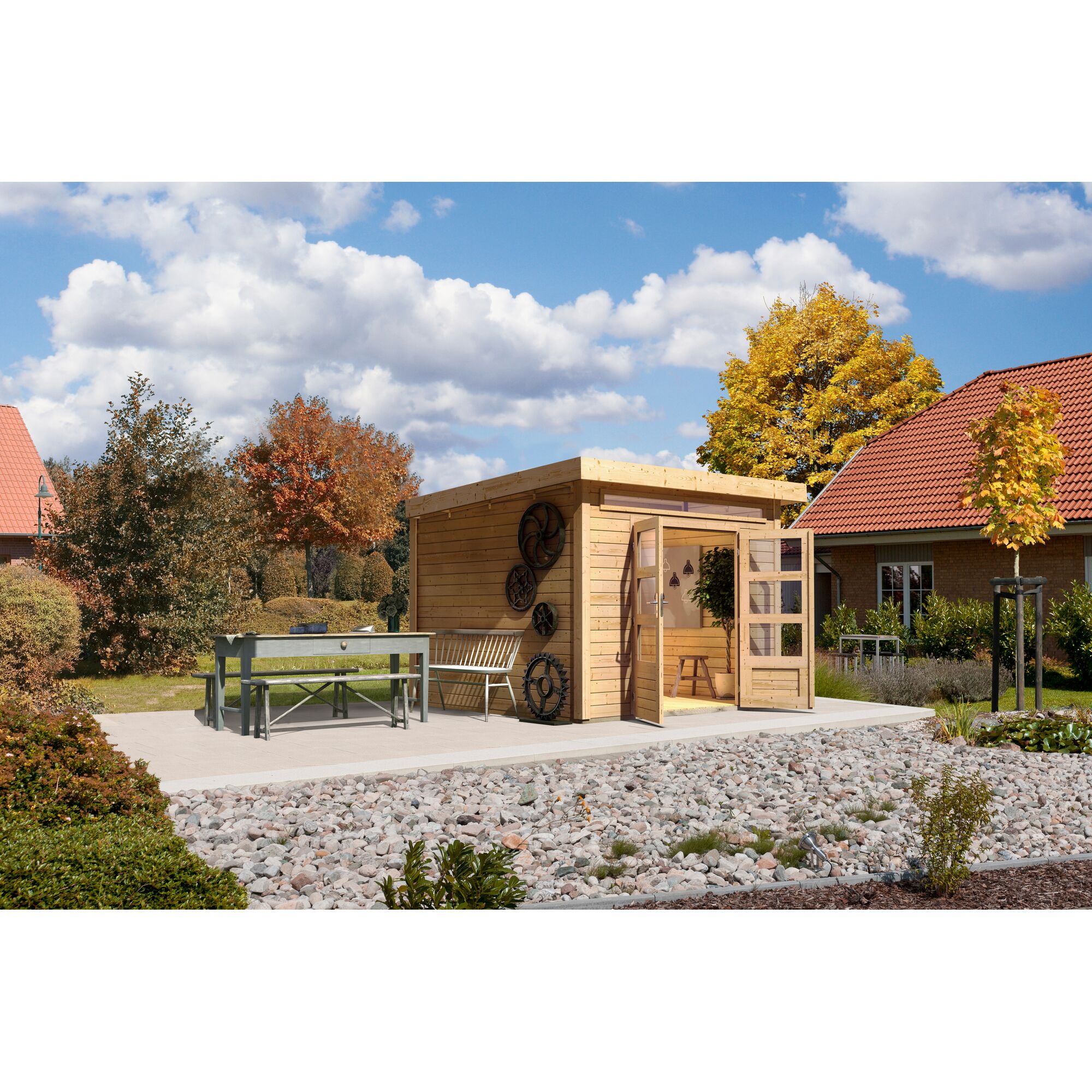 Gartenhaus Landern naturbelassen mit Tisch und Bank