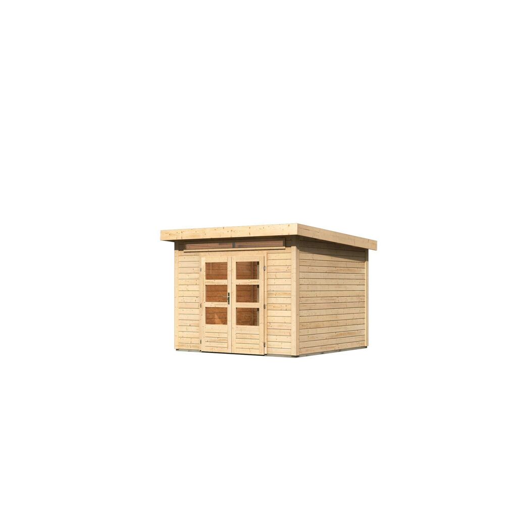 Kleiner Holzschuppen mit Doppeltür und Fenstern.
