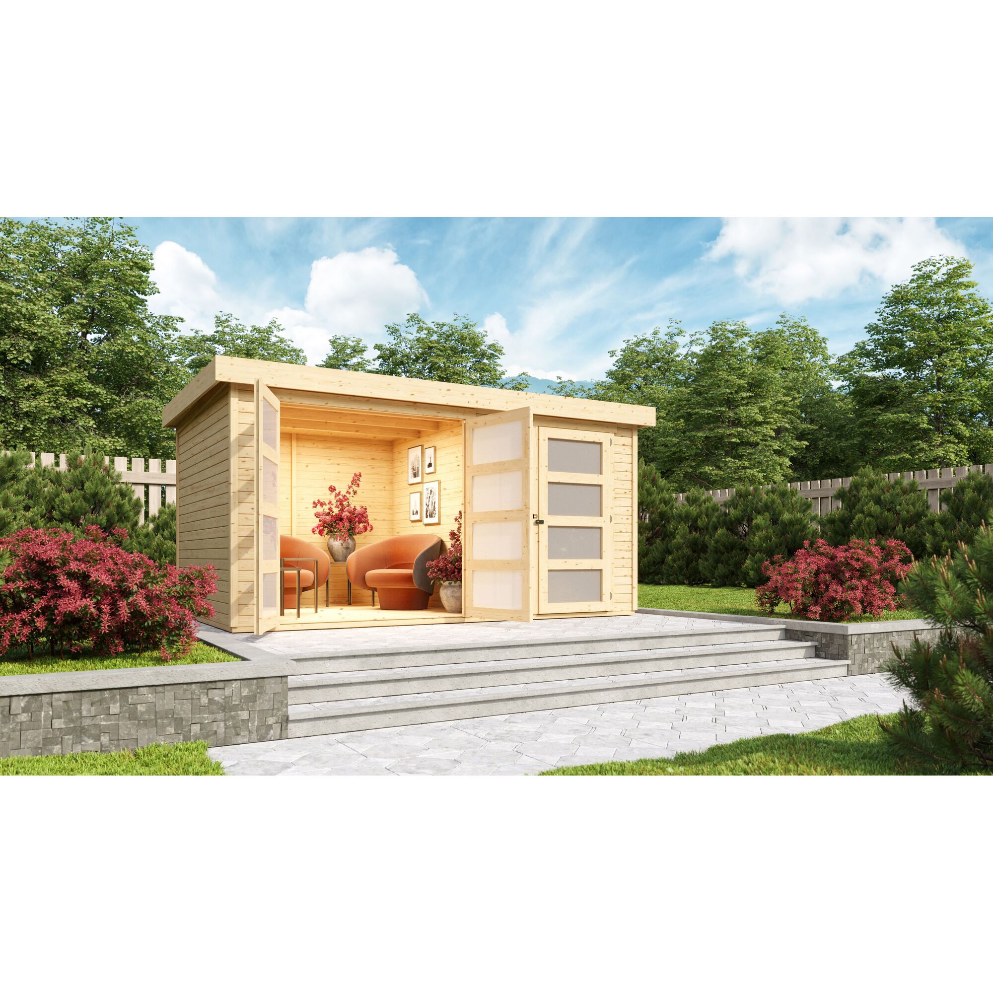 Gartenhaus GH Tuehlentrup 2 naturbelassen mit geöffneter Tür