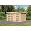 Gartenhaus aus hellem Holz mit vier Fenstern