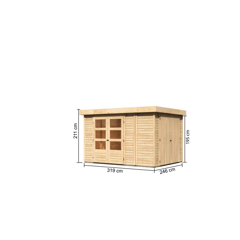 Gartenhaus aus Holz mit Doppeltür und zwei Fenstern