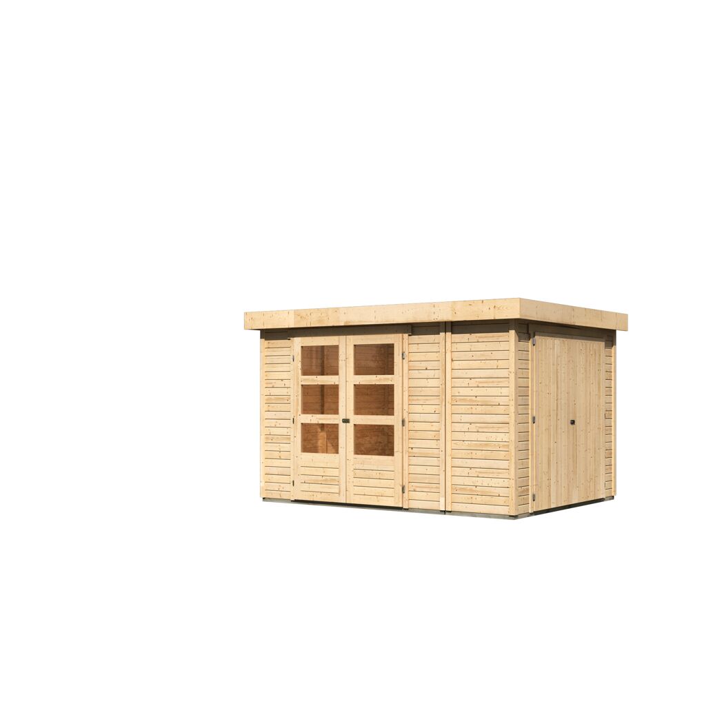 Gartenhaus aus Holz mit Doppeltür und Anbau