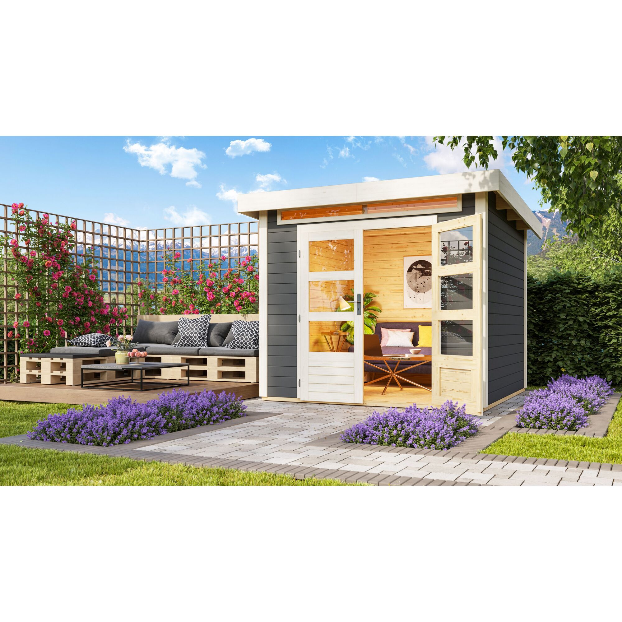 Gartenhaus GH Landern 3 terragrau mit Sitzecke