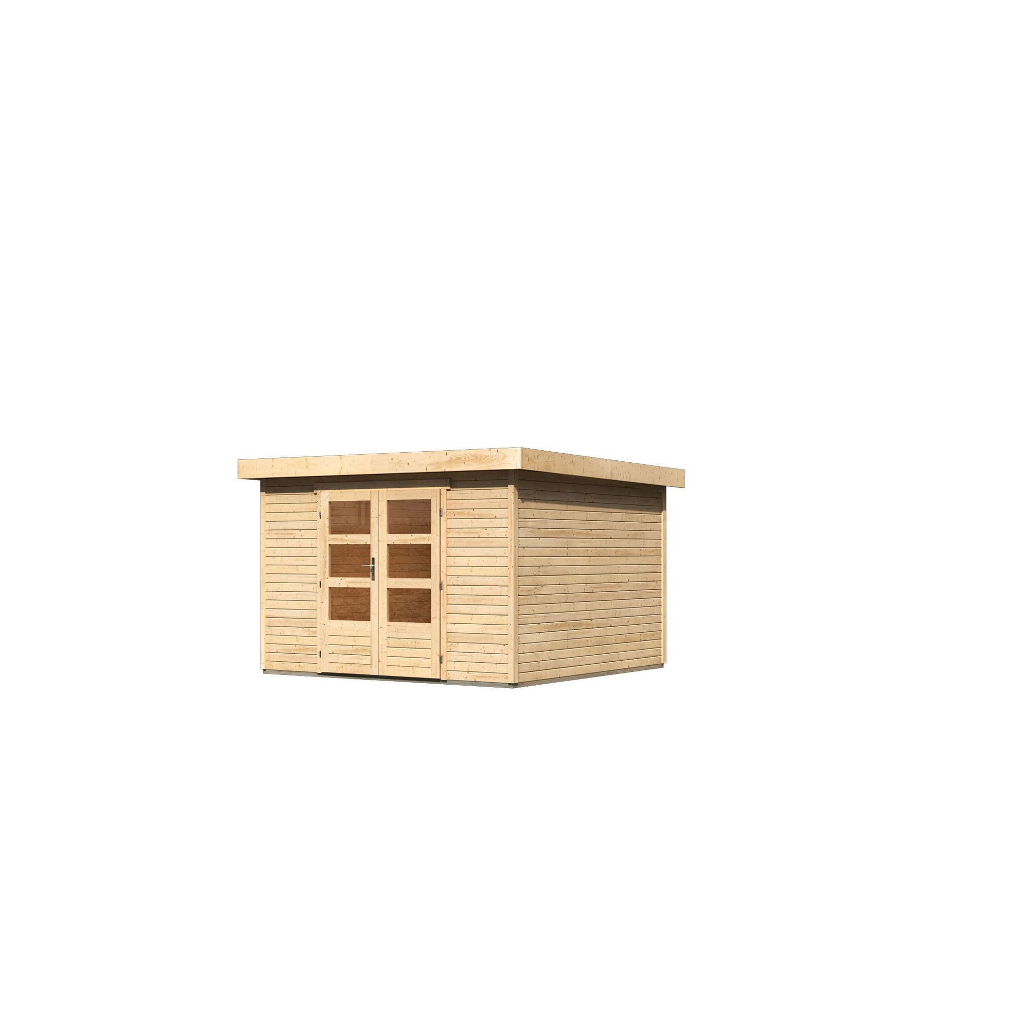 Kleines Gartenhaus aus hellem Holz mit Doppeltür und Fenstern.