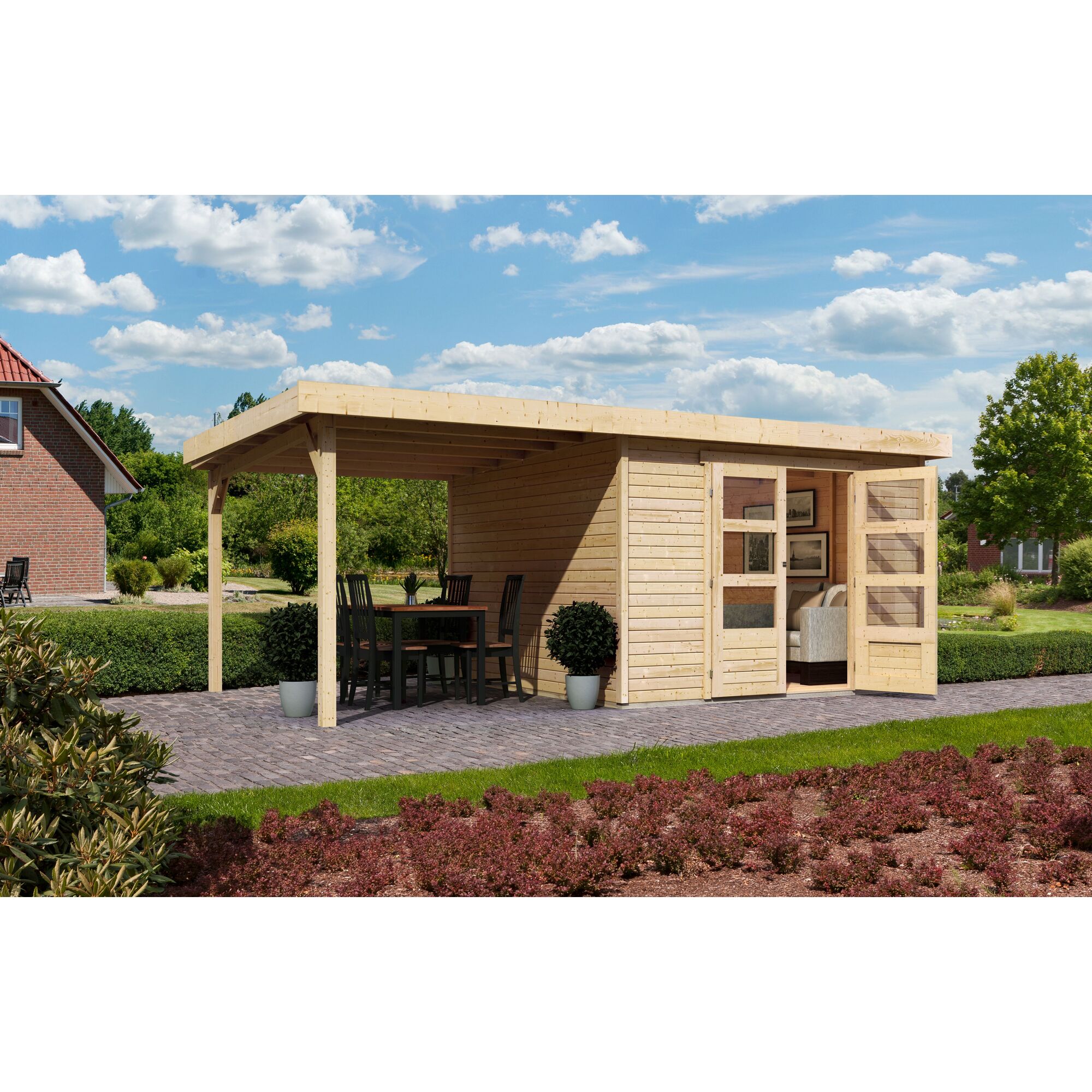 Holzpavillon GH Raskola 6 mit Anbaudach und Gartenmöbeln
