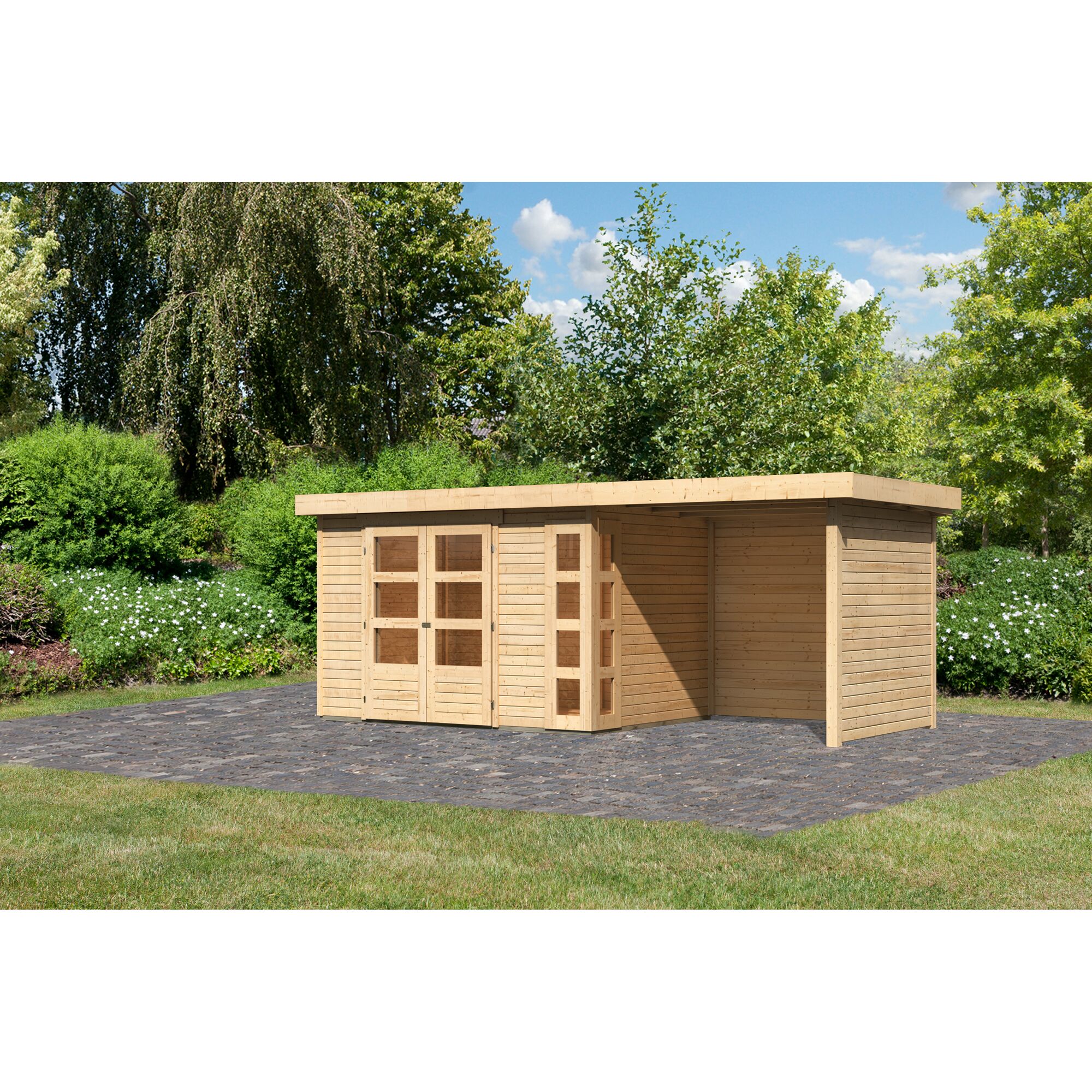 Gartenhaus aus Holz mit überdachtem Anbau