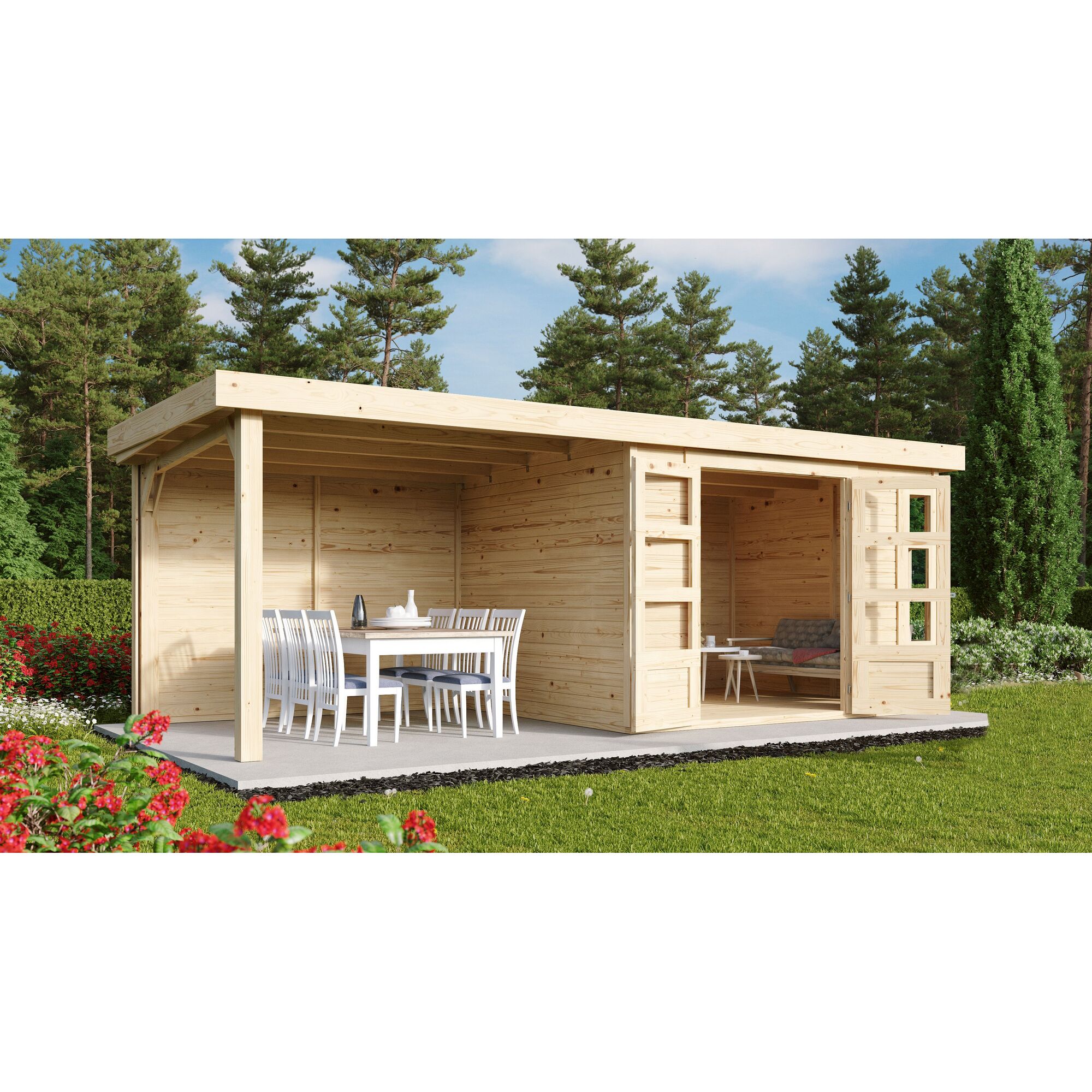 Holzpavillon mit Esstisch und Sitzecke
