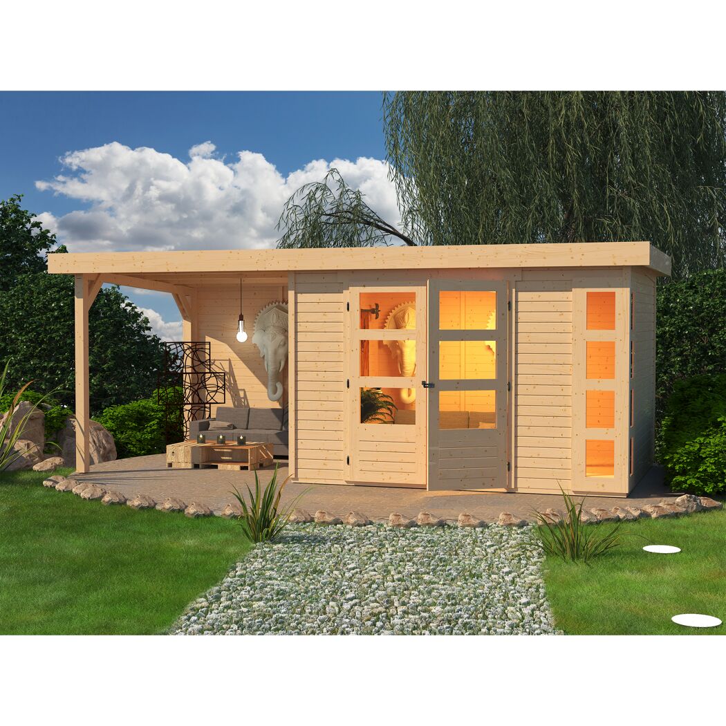 Gartenhaus aus Holz mit überdachter Terrasse
