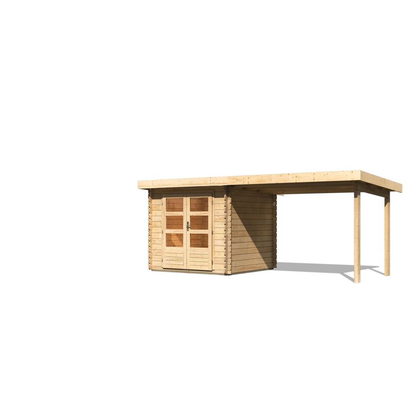 Kleines Gartenhaus aus Holz mit angebauter Überdachung.