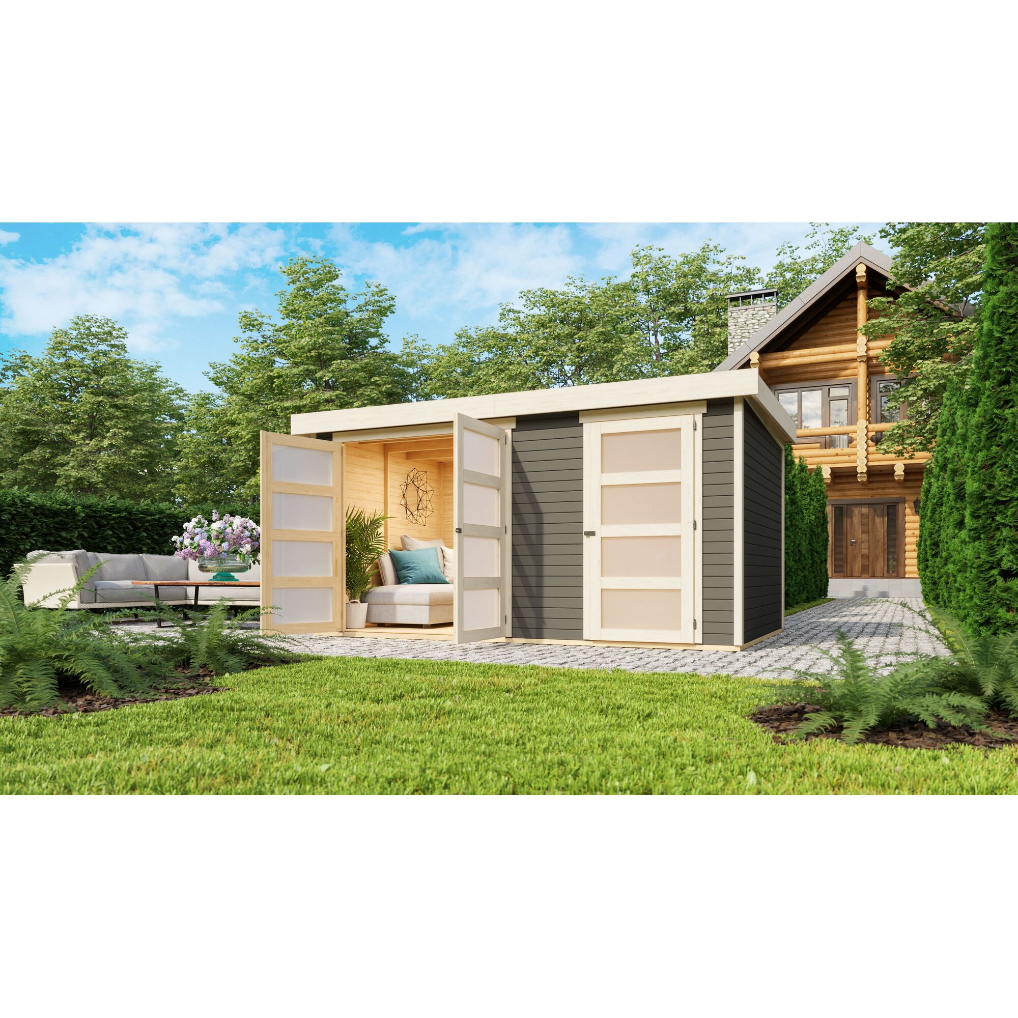 Gartenhaus mit geöffneten Türen und Sitzecke