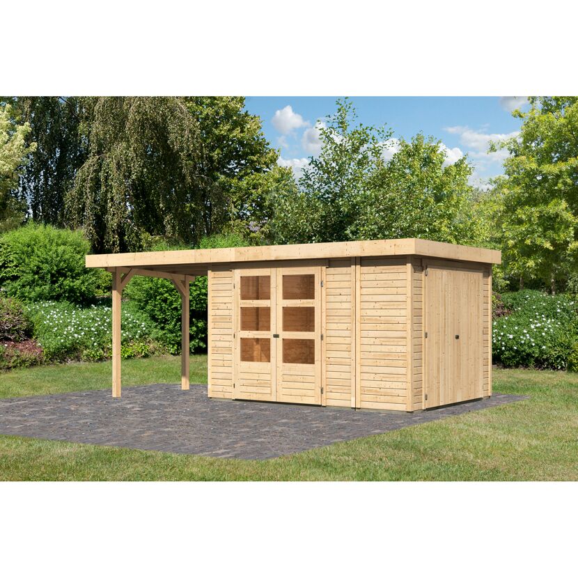 Gartenhaus aus Holz mit angebauter Überdachung