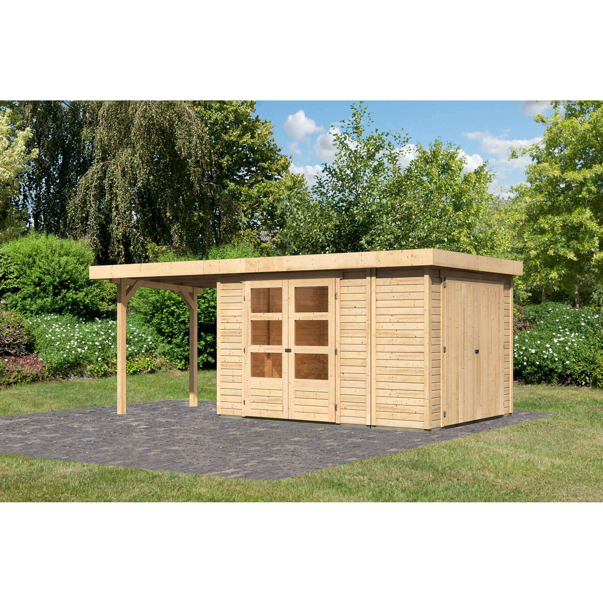 Gartenhaus aus Holz mit angebauter Überdachung