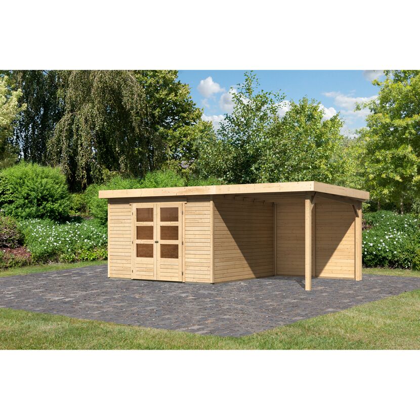Gartenhaus aus Holz mit überdachtem Anbau