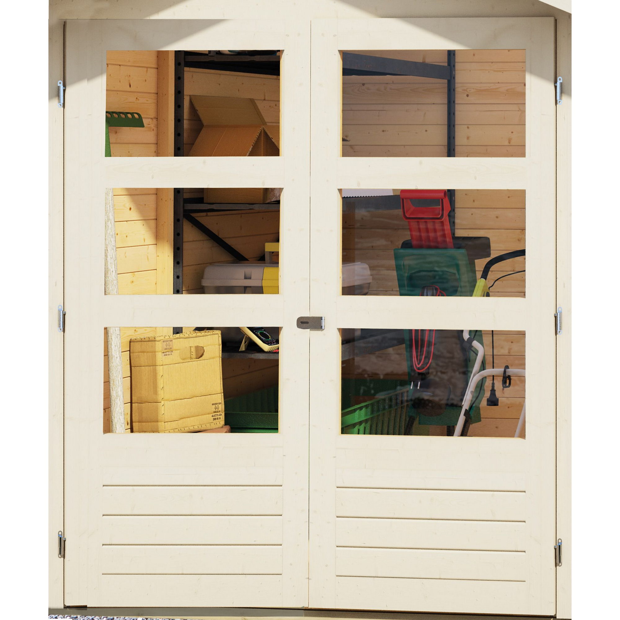 Blick durch die Scheiben eines Geräteschuppens.