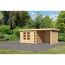 Gartenhaus aus hellem Holz mit Fenstern und einem Vordach.
