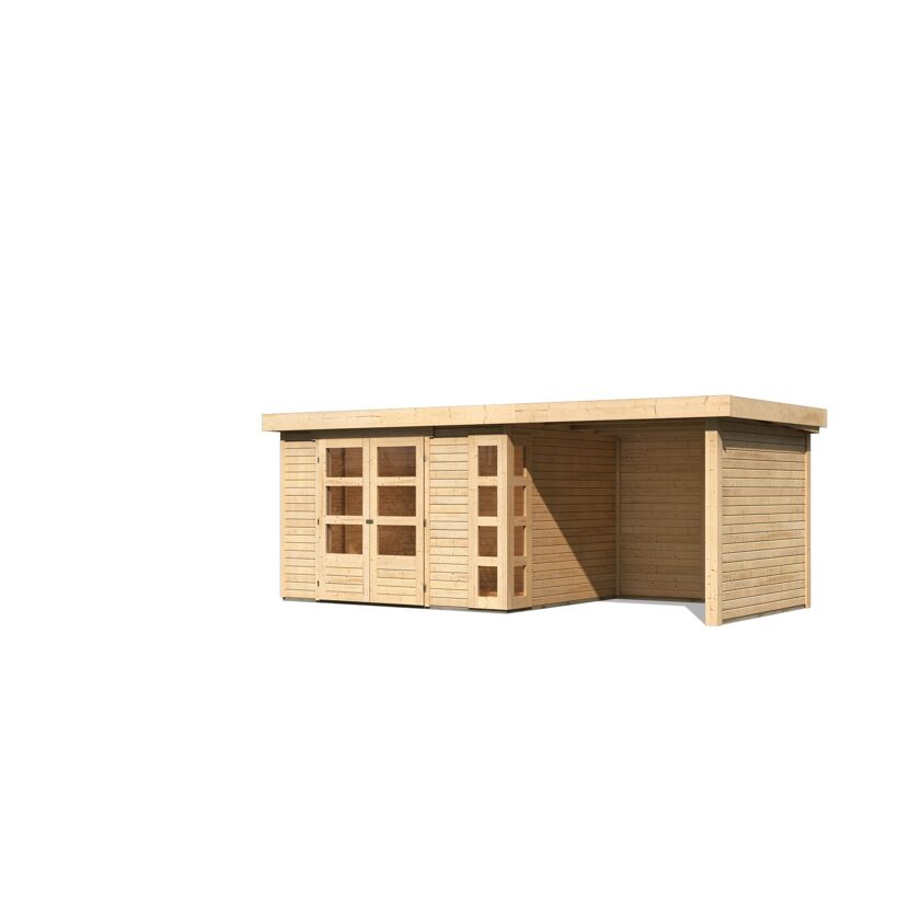 Gartenhaus aus Holz mit Doppeltür und angebauter Überdachung