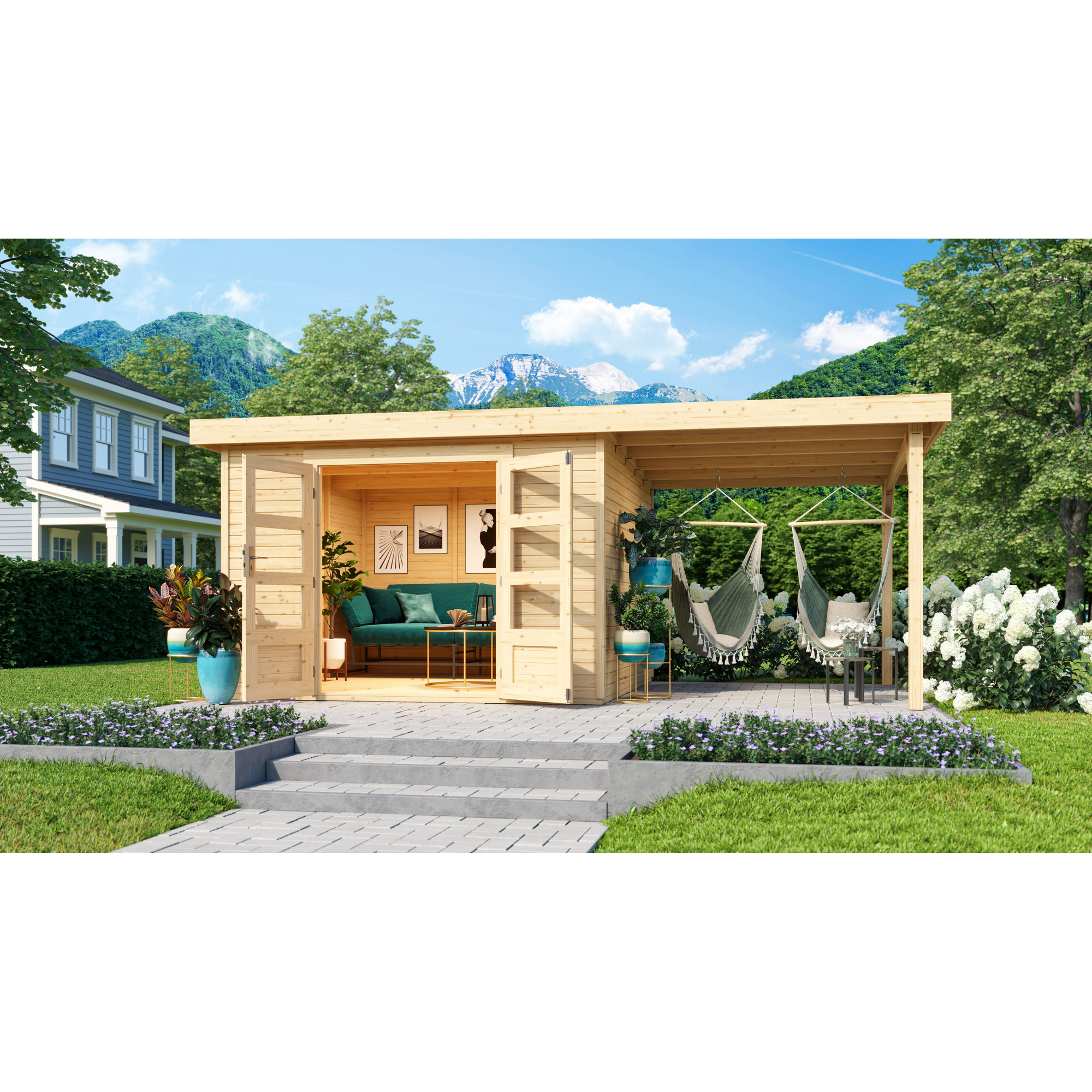 Gartenhaus aus Holz mit Anbaudach, Sofa und Hängematten
