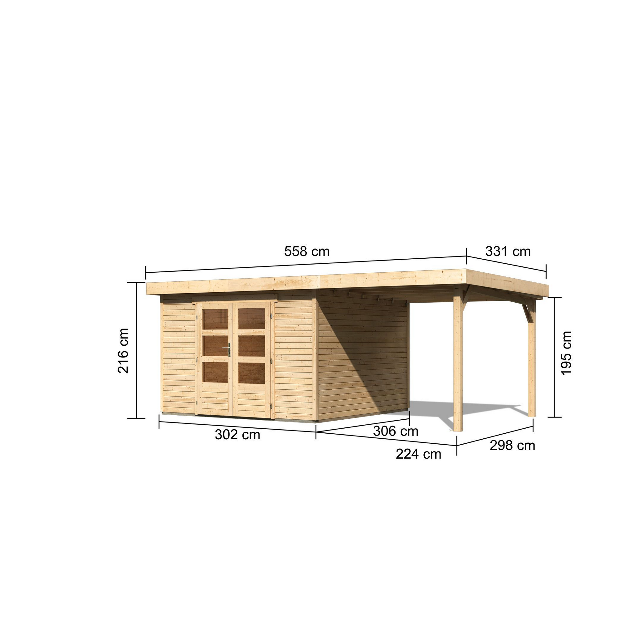 Gartenhaus aus Holz mit Anbaudach und Maßen