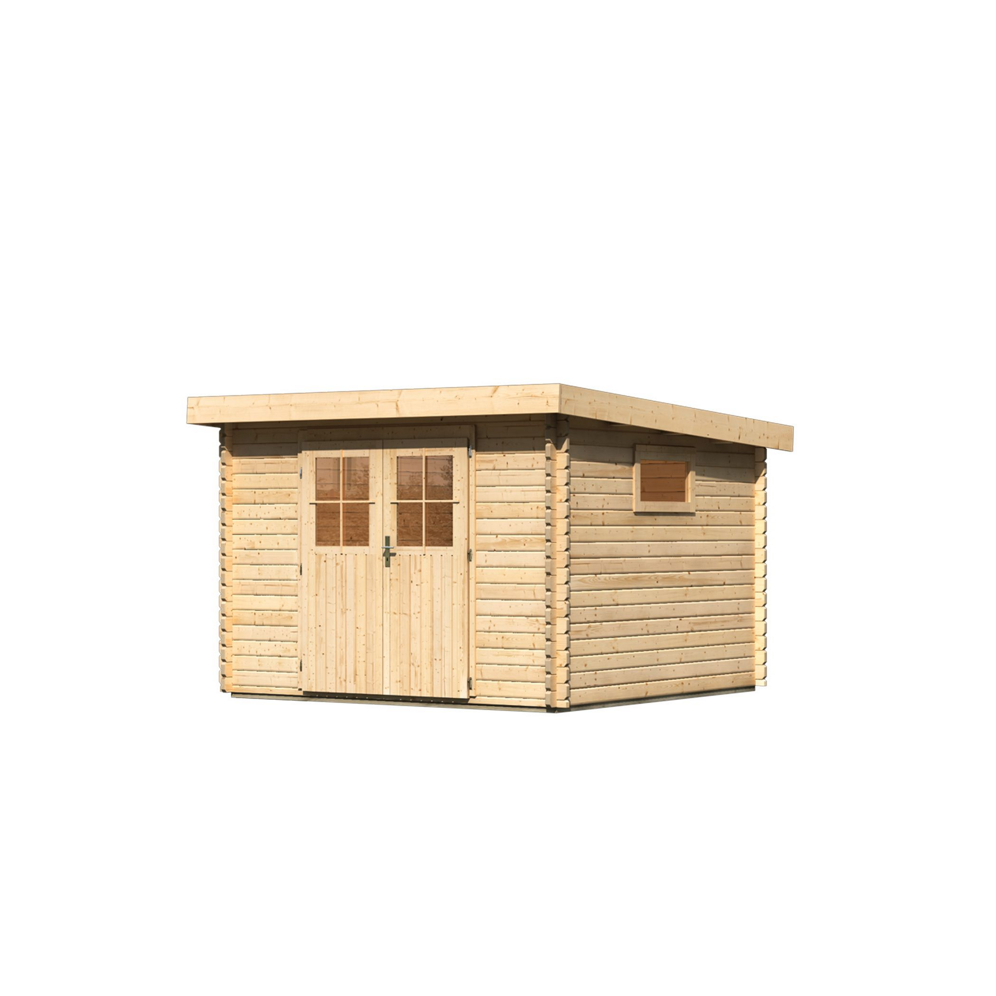 Kleiner Holzschuppen mit Doppeltür und Fenster.