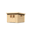 Kleiner Holzschuppen mit Doppeltür und Fenster.
