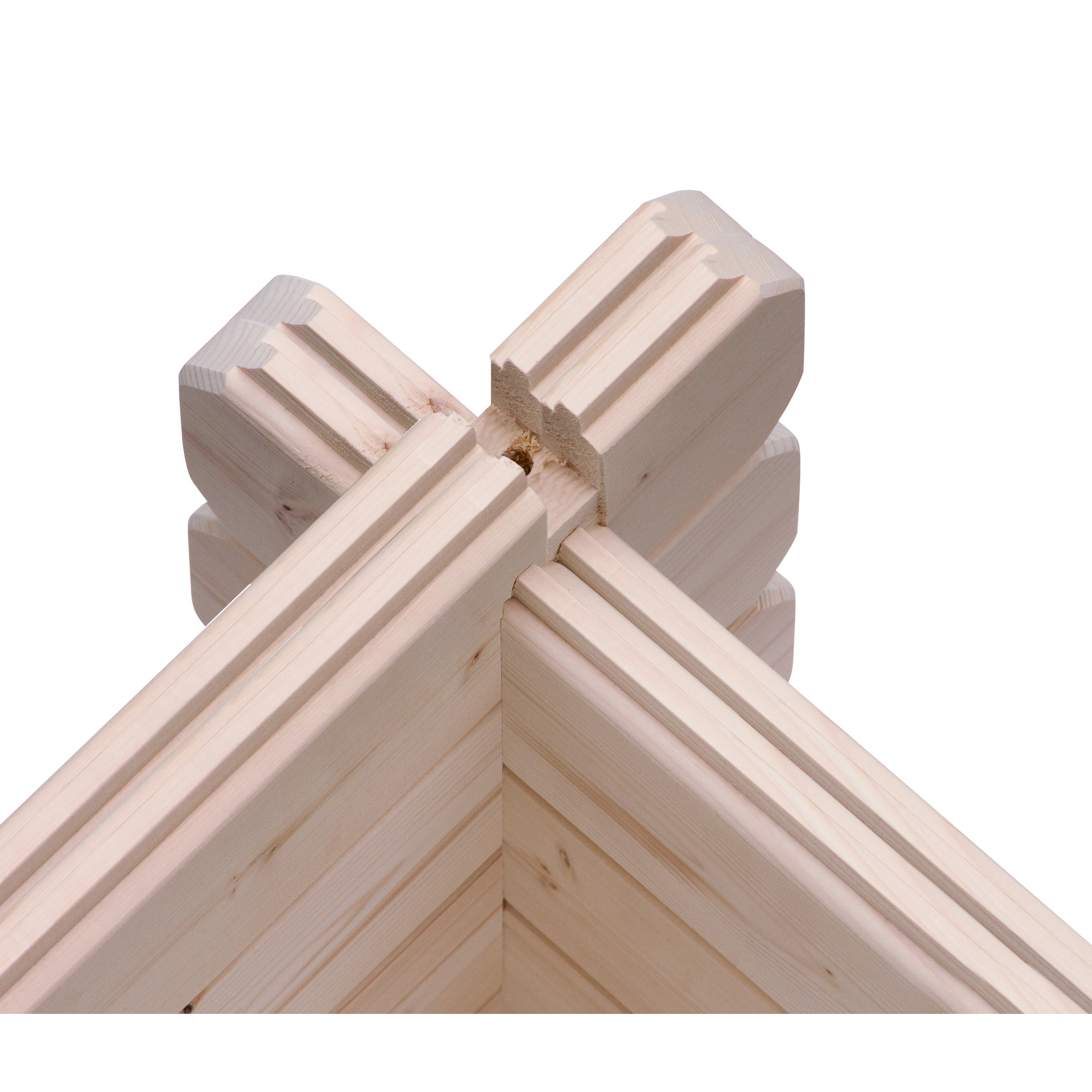 Eckverbindung von vier Holzbalken