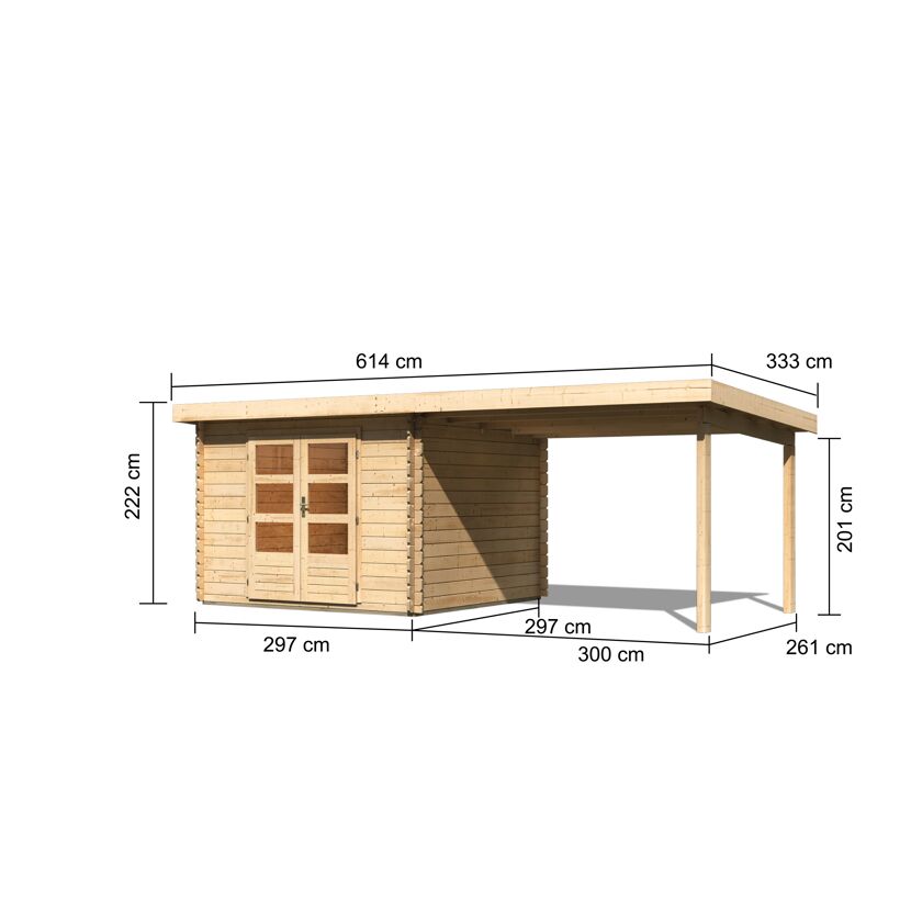 Gartenhaus aus Holz mit angebautem Dach