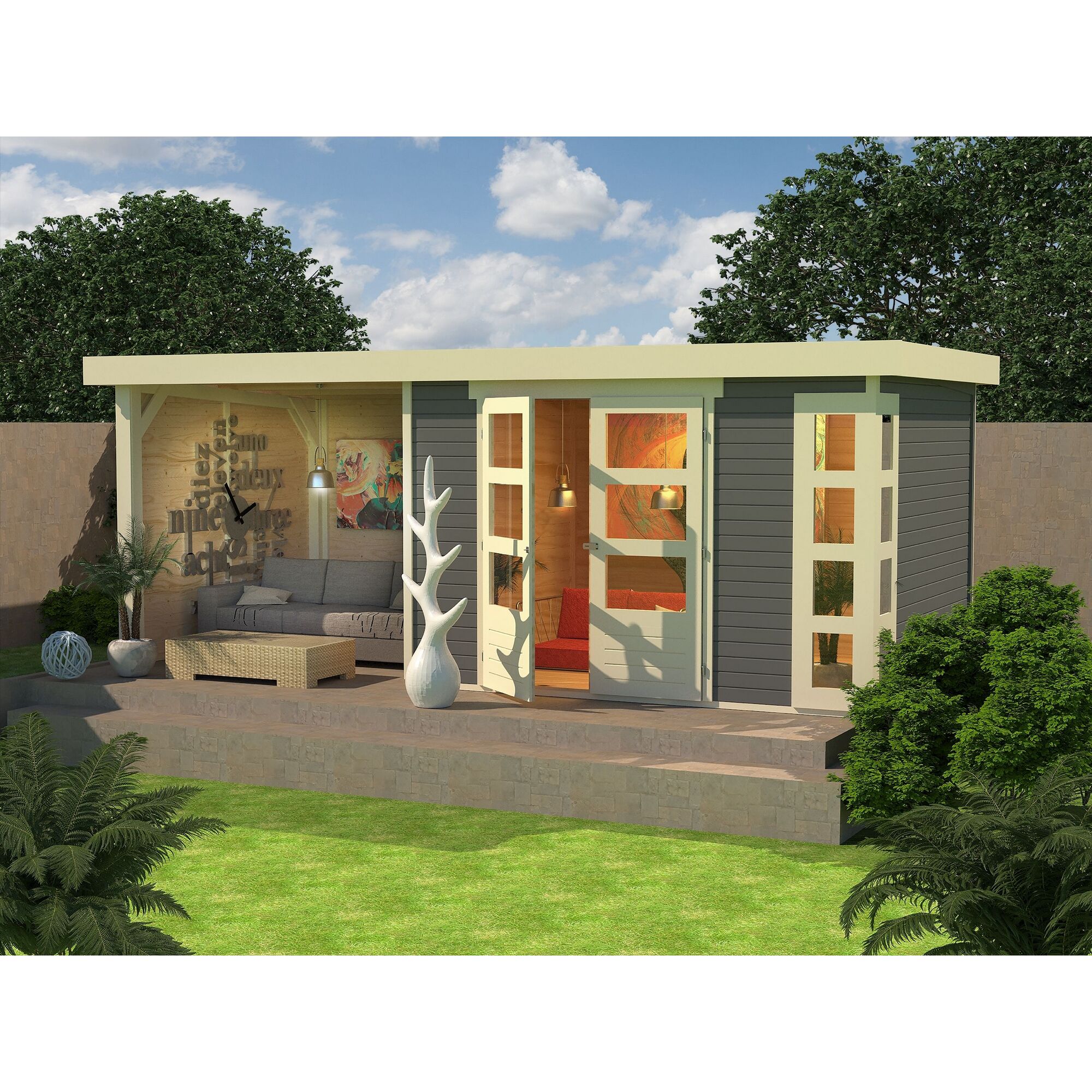 Gartenhaus mit überdachter Terrasse und Möbeln