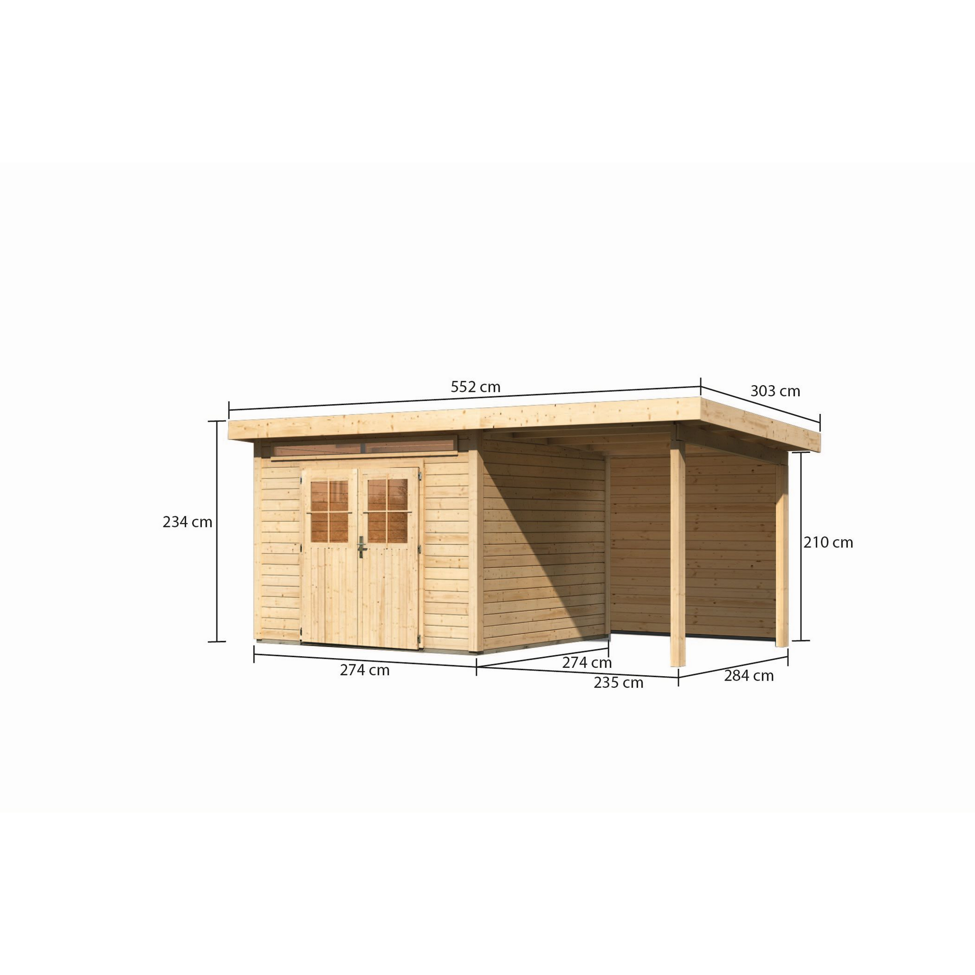 Gartenhaus aus Holz mit angebautem Unterstand