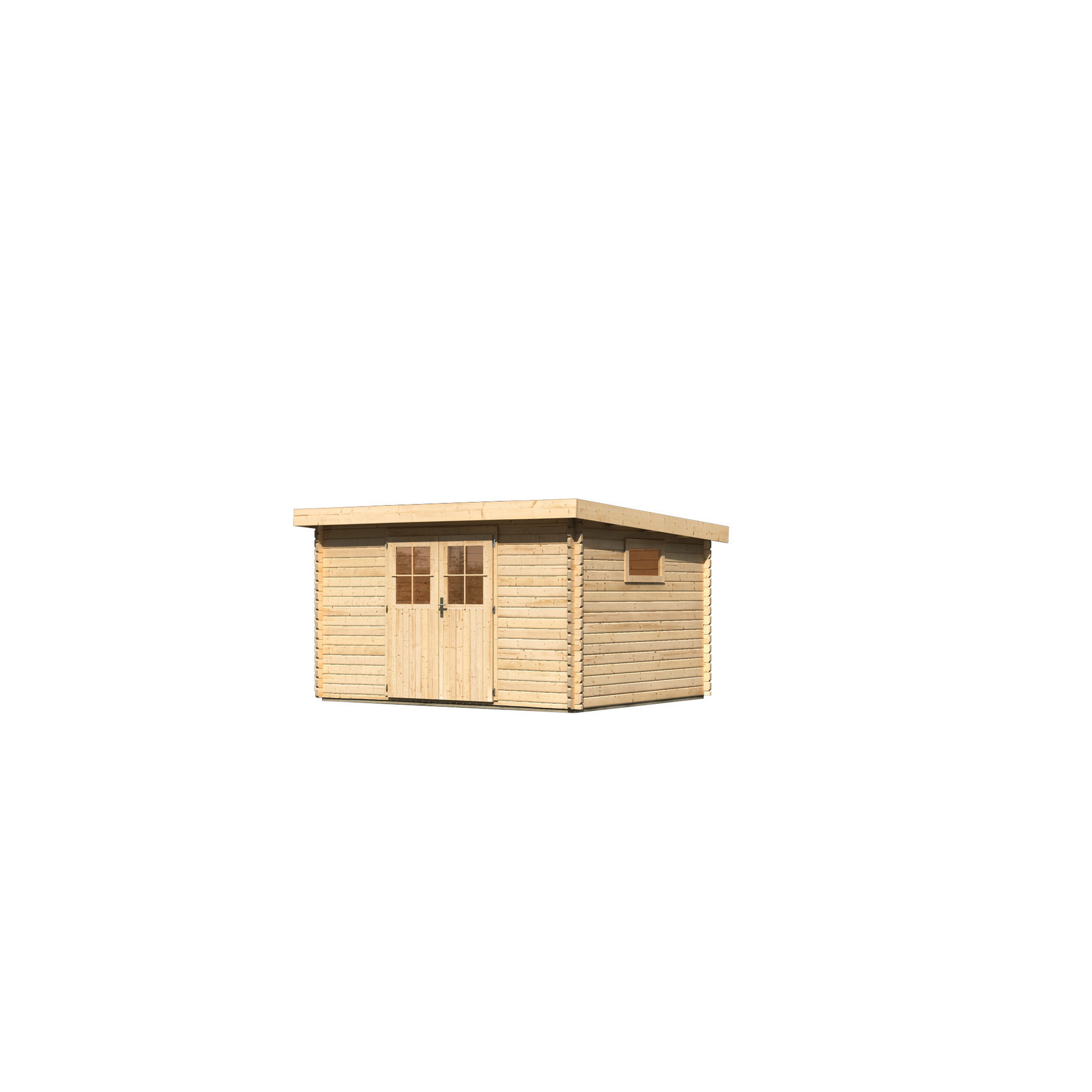 Kleiner Holzschuppen mit Flachdach und Doppeltür.