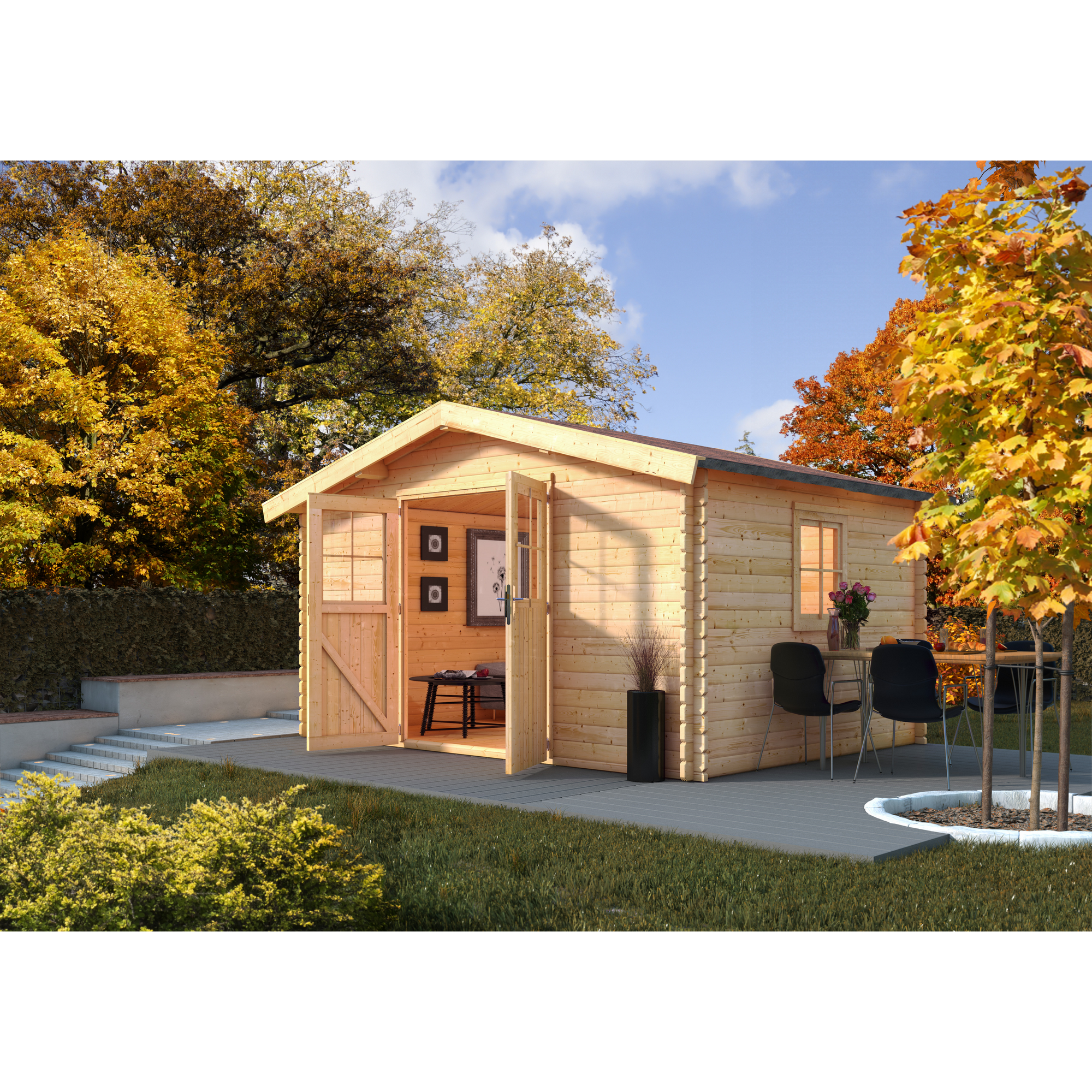 Gartenhaus aus Holz mit geöffneter Tür