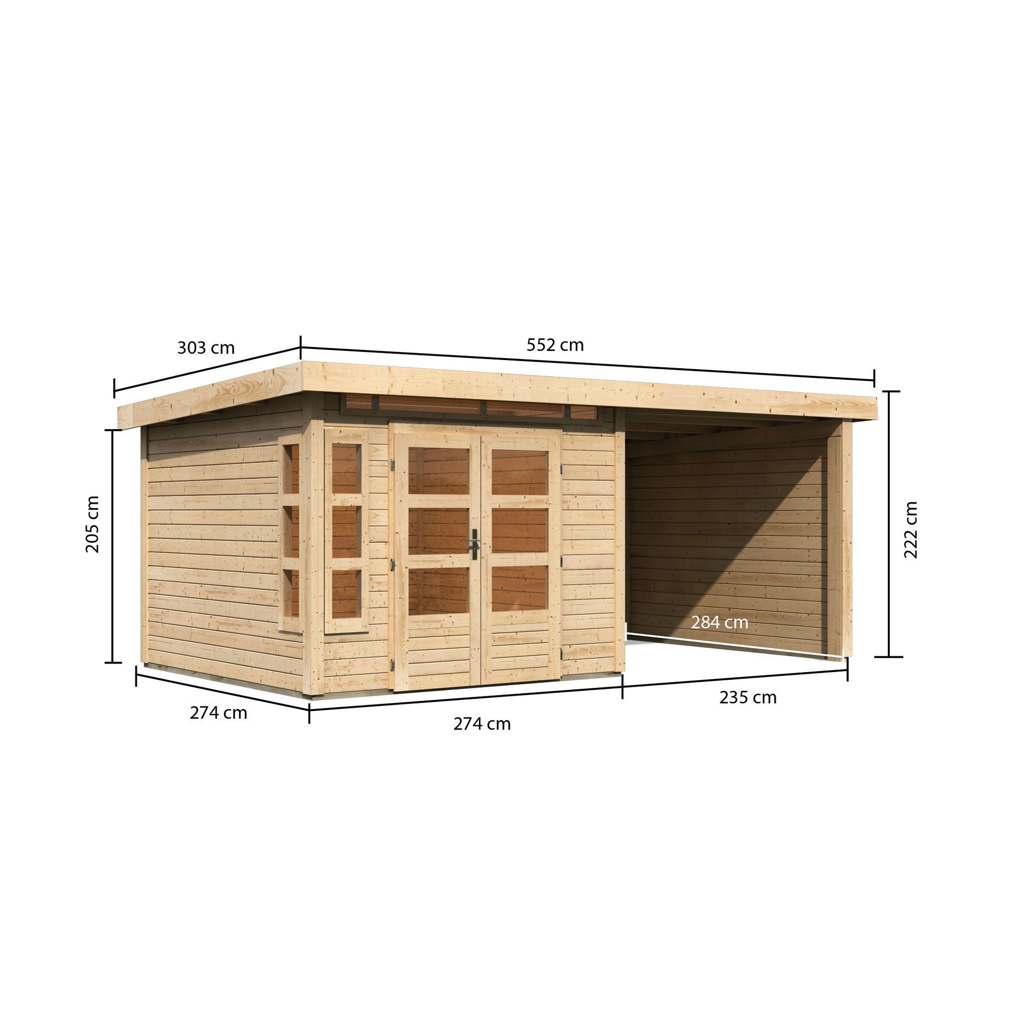 Gartenhaus aus Holz mit Vordach und Maßen