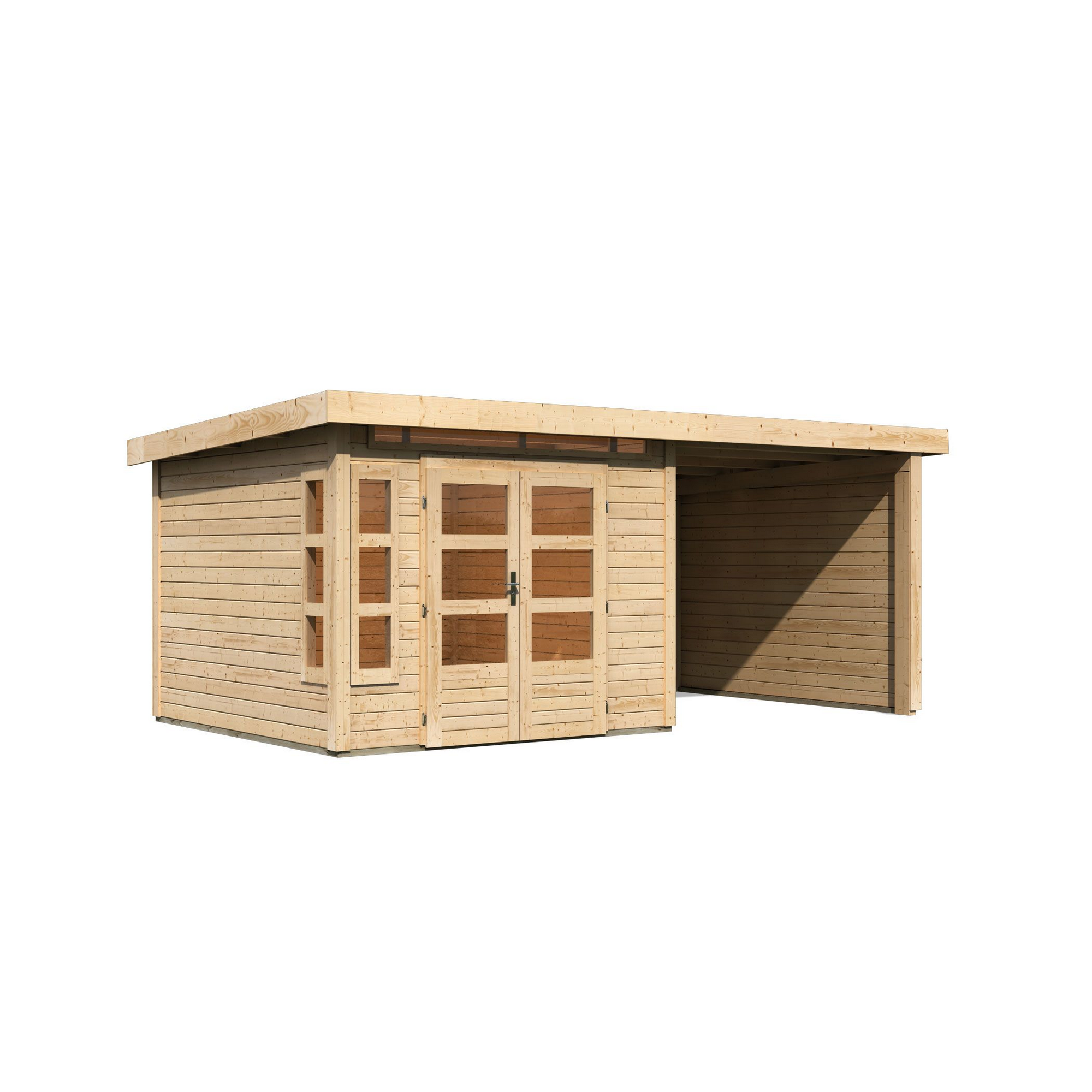 Holzgerätehaus mit Doppeltür und angebauter Überdachung