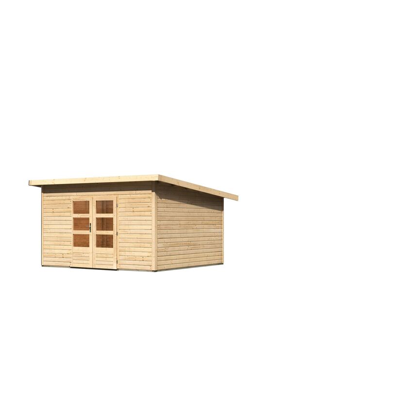 Gartenhaus aus hellem Holz mit Doppeltür und Fenstern.