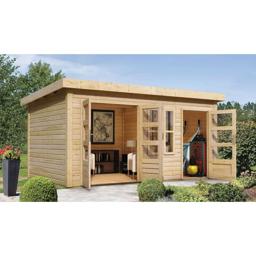 Modernes Gartenhaus mit offener Tür und Einrichtung