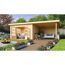 Gartenhaus mit überdachter Terrasse, Schaukelbank und Feuerstelle