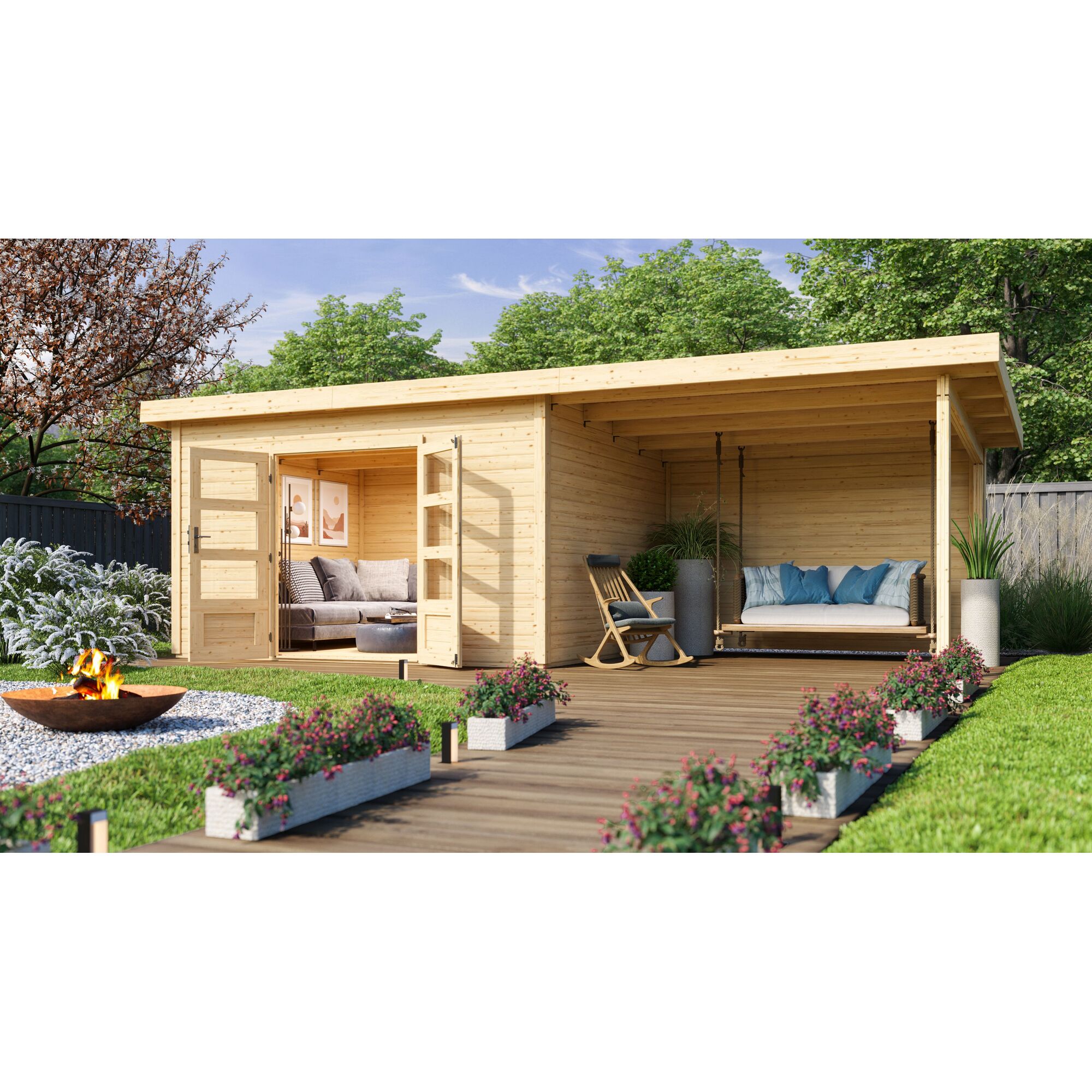 Gartenhaus mit überdachter Terrasse, Schaukelbank und Feuerstelle