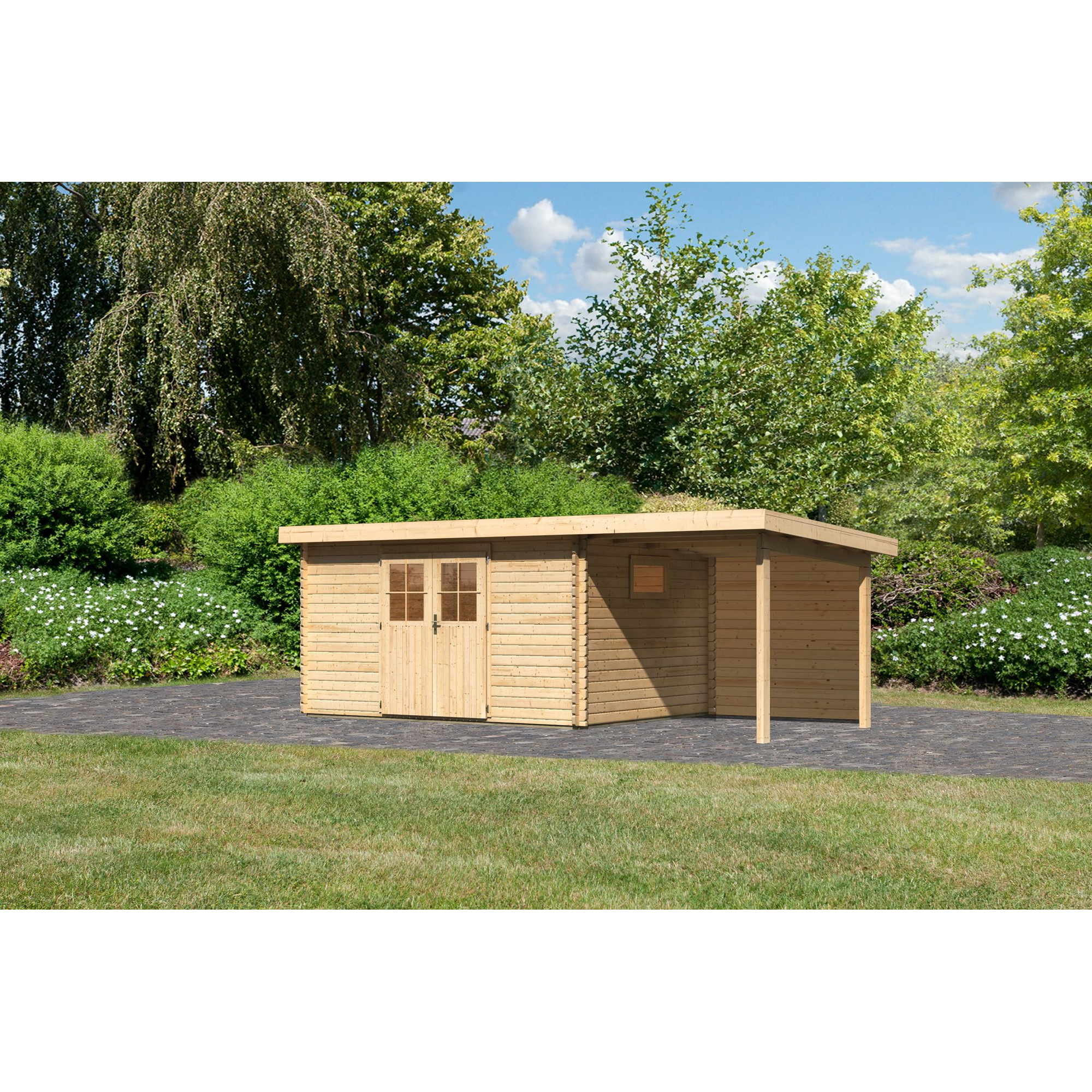 Gartenhaus aus Holz mit Gründach und Anlehnschuppen