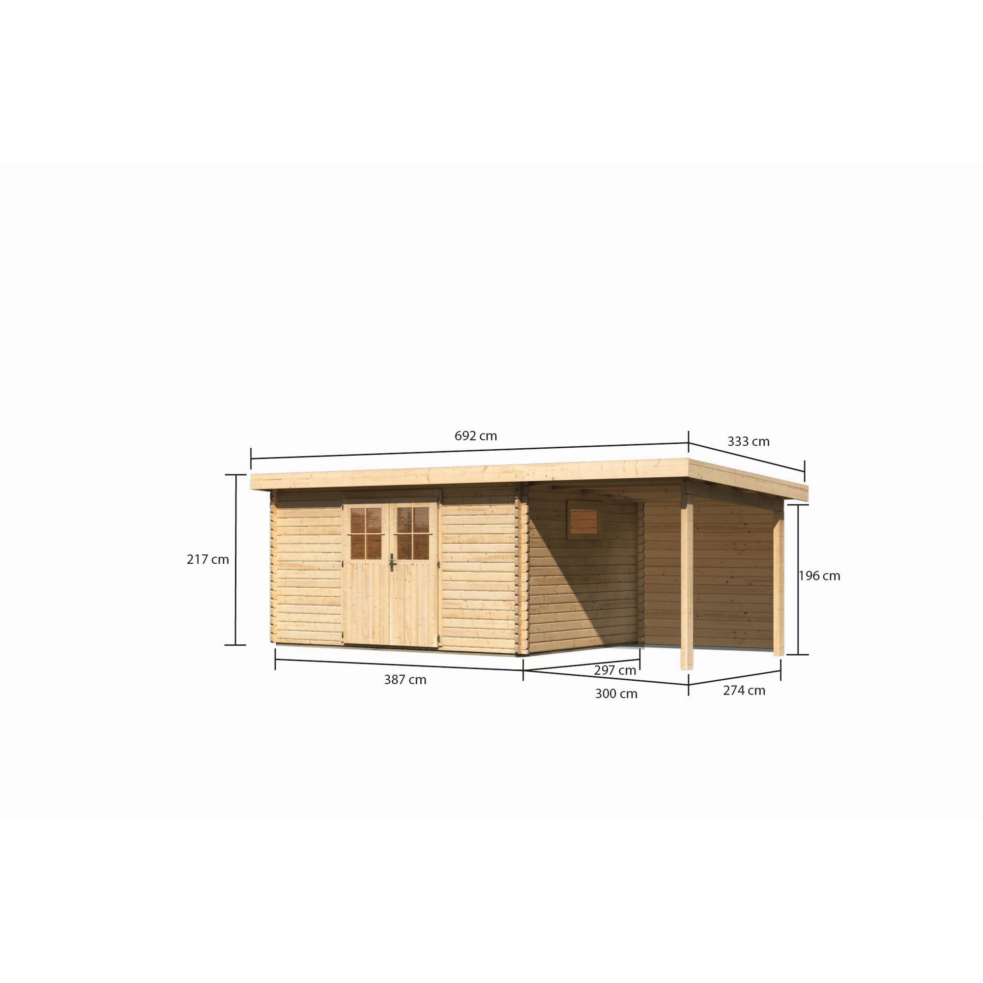 Gartenhaus aus Holz mit angebautem Unterstand