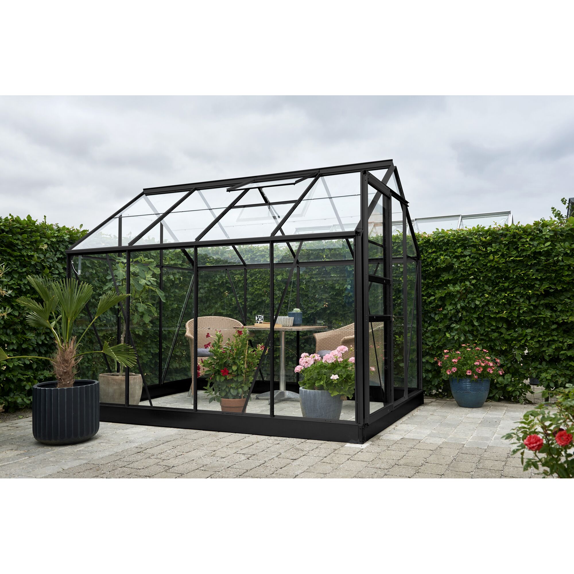 Schwarzes Gewächshaus mit Sitzecke und Pflanzen