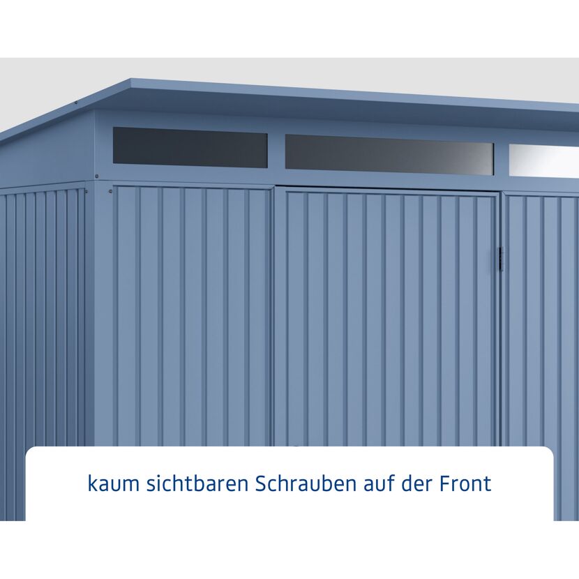 Blaues Gerätehaus Ecostar GH mit zwei Fenstern.