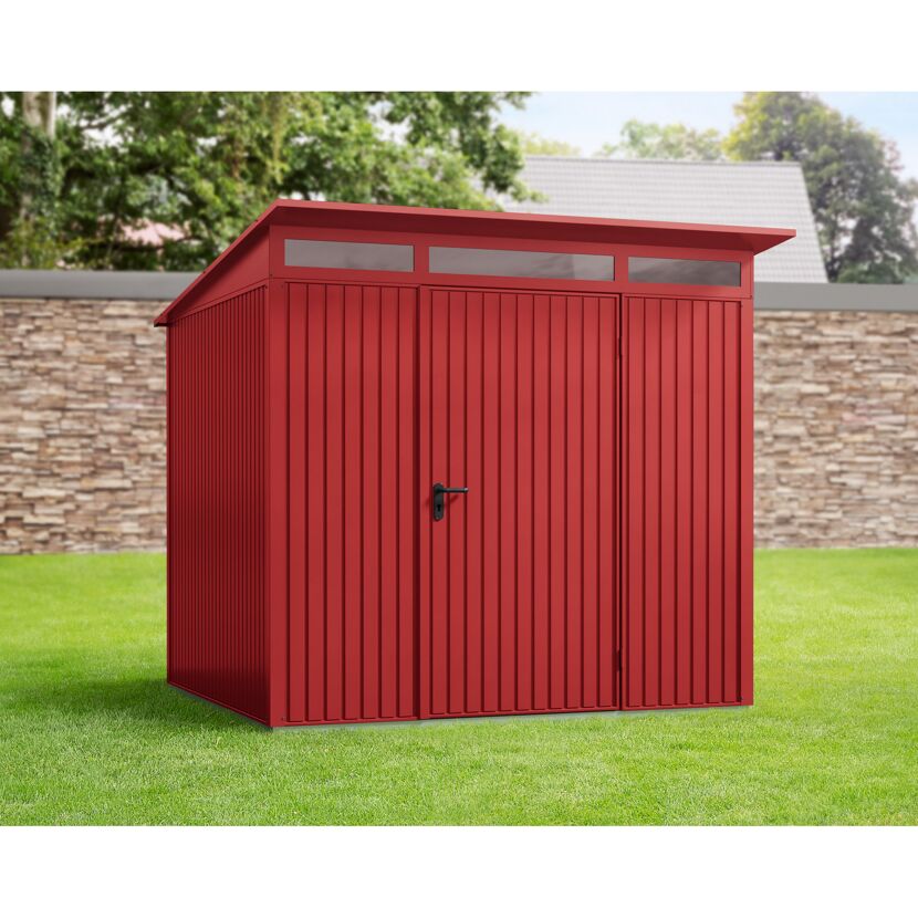 Rotes Gerätehaus Ecostar im Garten